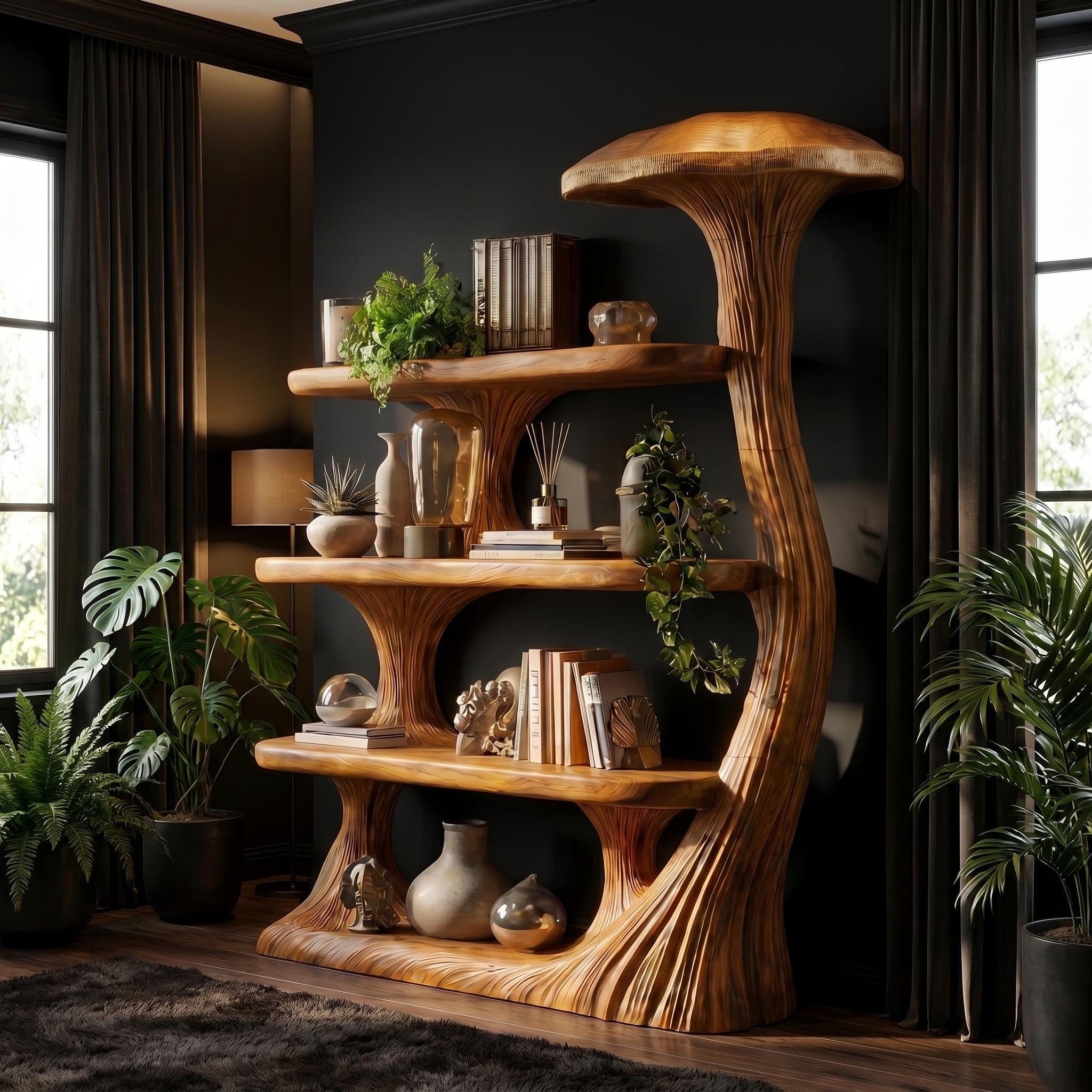 Mushroom Shelves Wood Bookcase Mushroom Wall Shelf Handmade Furniture Living Room Decor