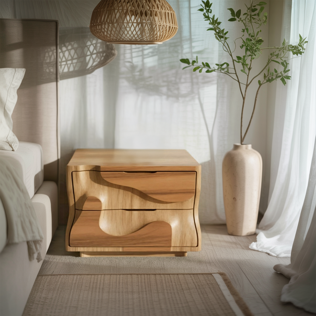 Modern Wavy Nightstand With Carved Drawer Cabinet For Bedroom And Living Room SITHHNNS005