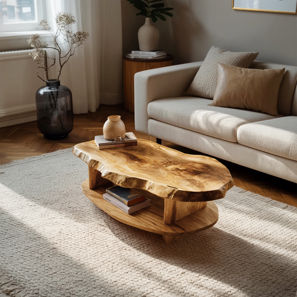 Rustic Coffee Table Live Edge And Shelf For Living