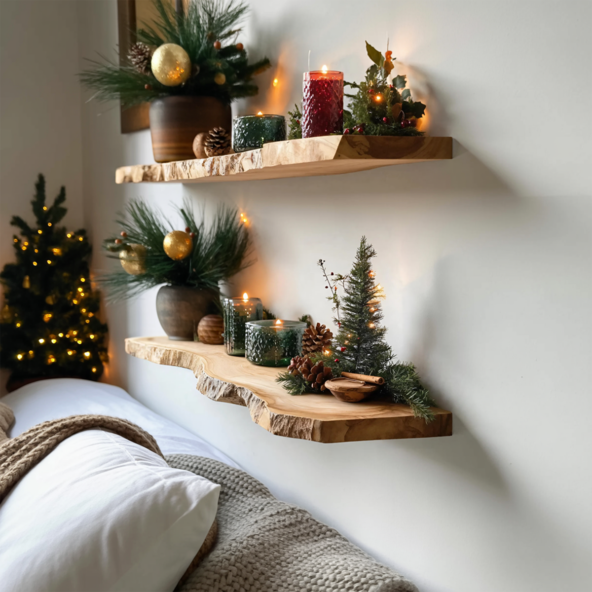 Handcrafted Solid Wood Floating Shelf For Christmas Bedroom Design