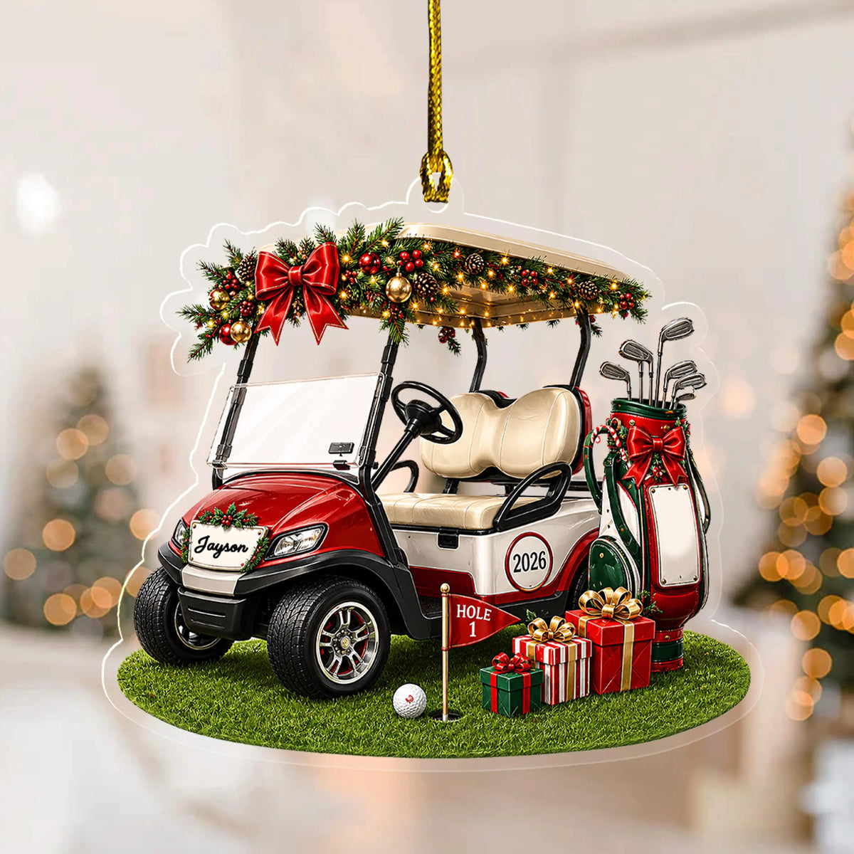 Personalized Golf Cart Christmas Ornament, Custom Name and 2026 Acrylic Golfer Decoration