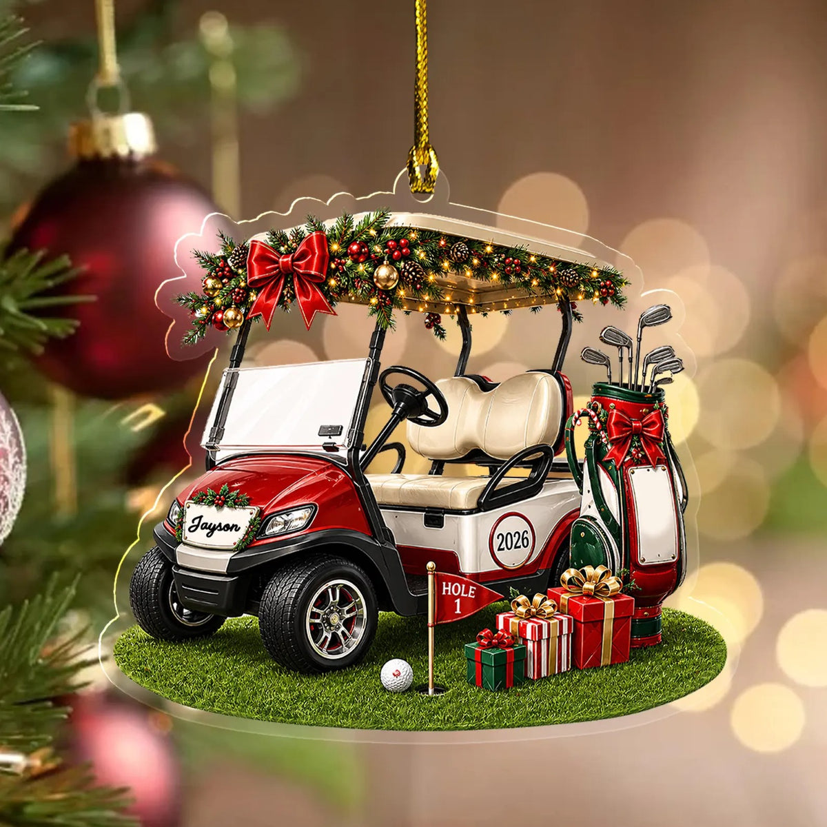 Personalized Golf Cart Christmas Ornament, Custom Name and 2026 Acrylic Golfer Decoration
