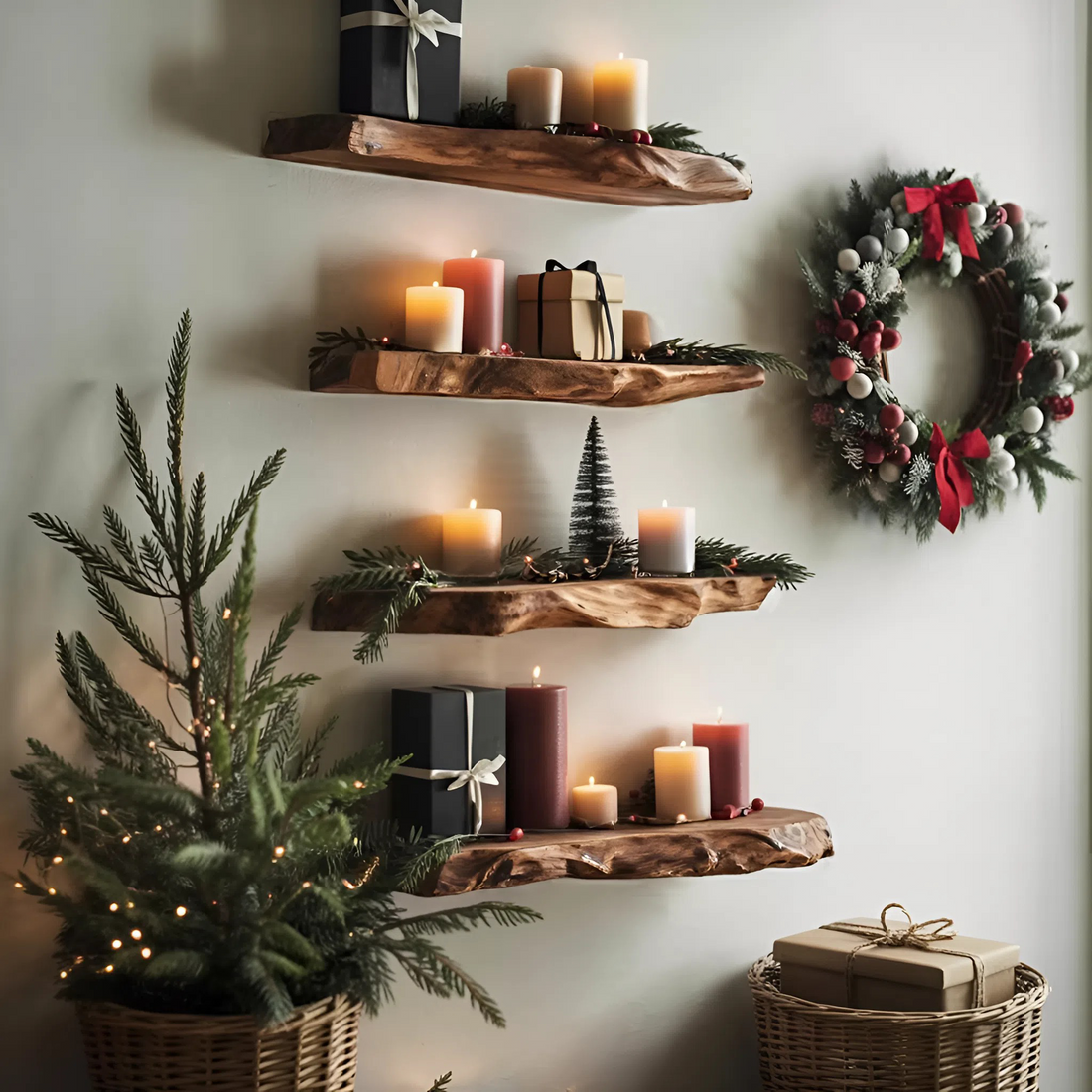 Handcrafted Solid Wood Floating Shelf For Cozy Christmas Living Room