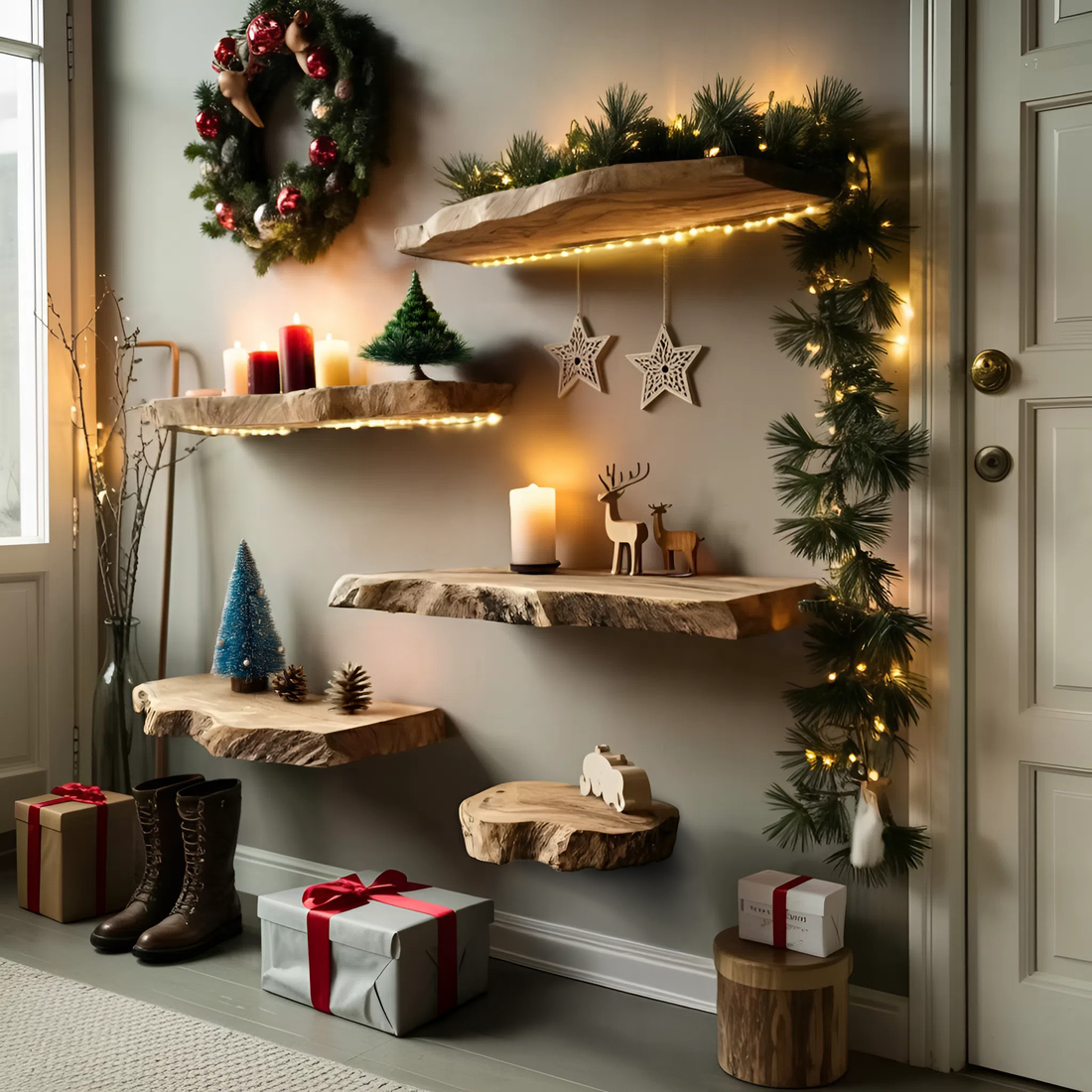 Handcrafted Wooden Floating Shelf For Holiday Entryway Wall Decor