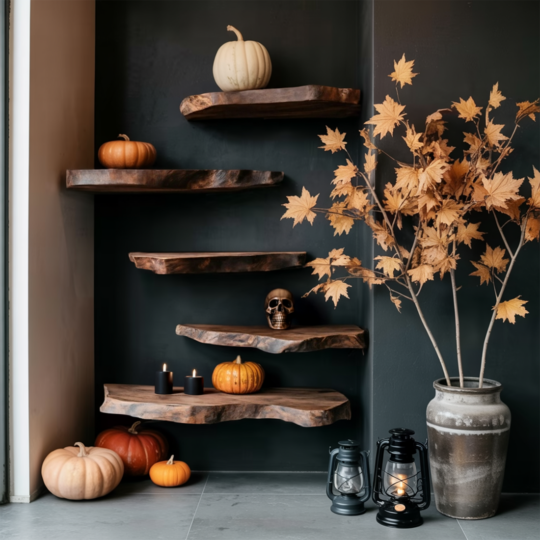 Handcrafted Solid Wood Shelf For Entryway Design Functional Halloween Space