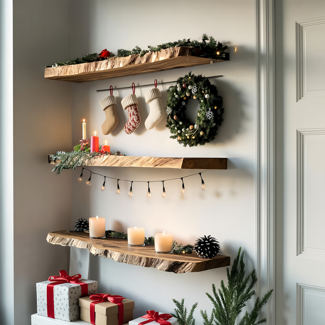 Handcrafted Live Edge Floating Shelf For Festive Xmas Entryway Design