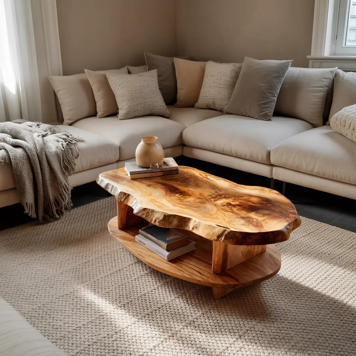 Rustic Coffee Table Live Edge And Shelf For Living