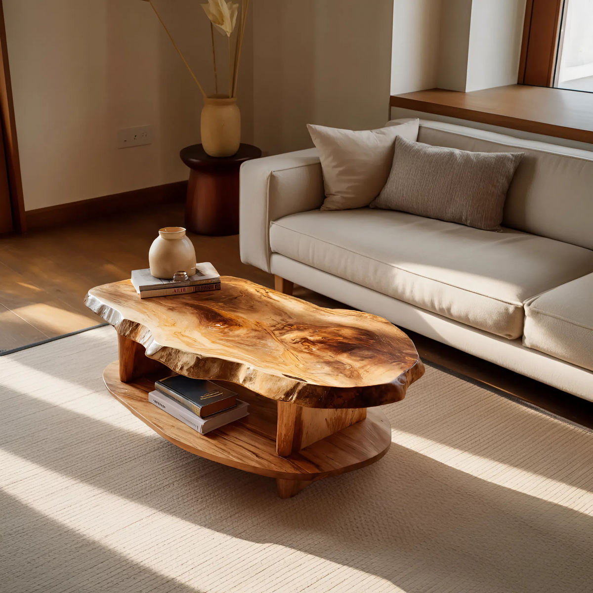 Rustic Coffee Table Live Edge And Shelf For Living