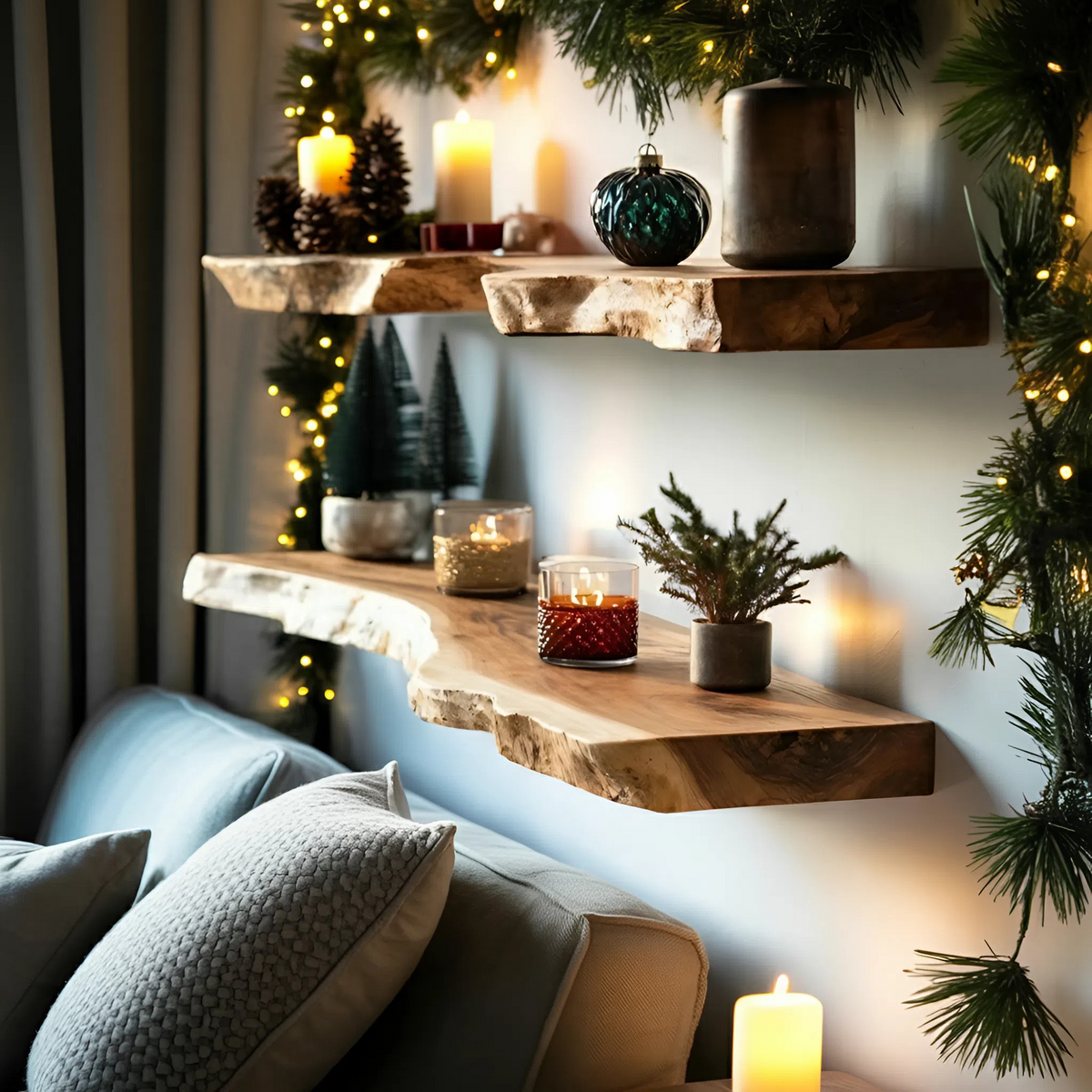 Mid Century Wooden Floating Shelf For Cozy Christmas Bedroom Setup