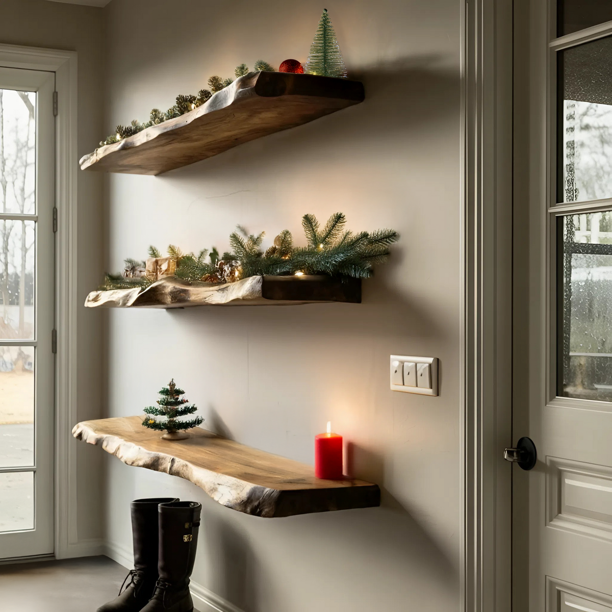 Mid Century Live Edge Floating Shelf For Holiday Bedroom Decoration