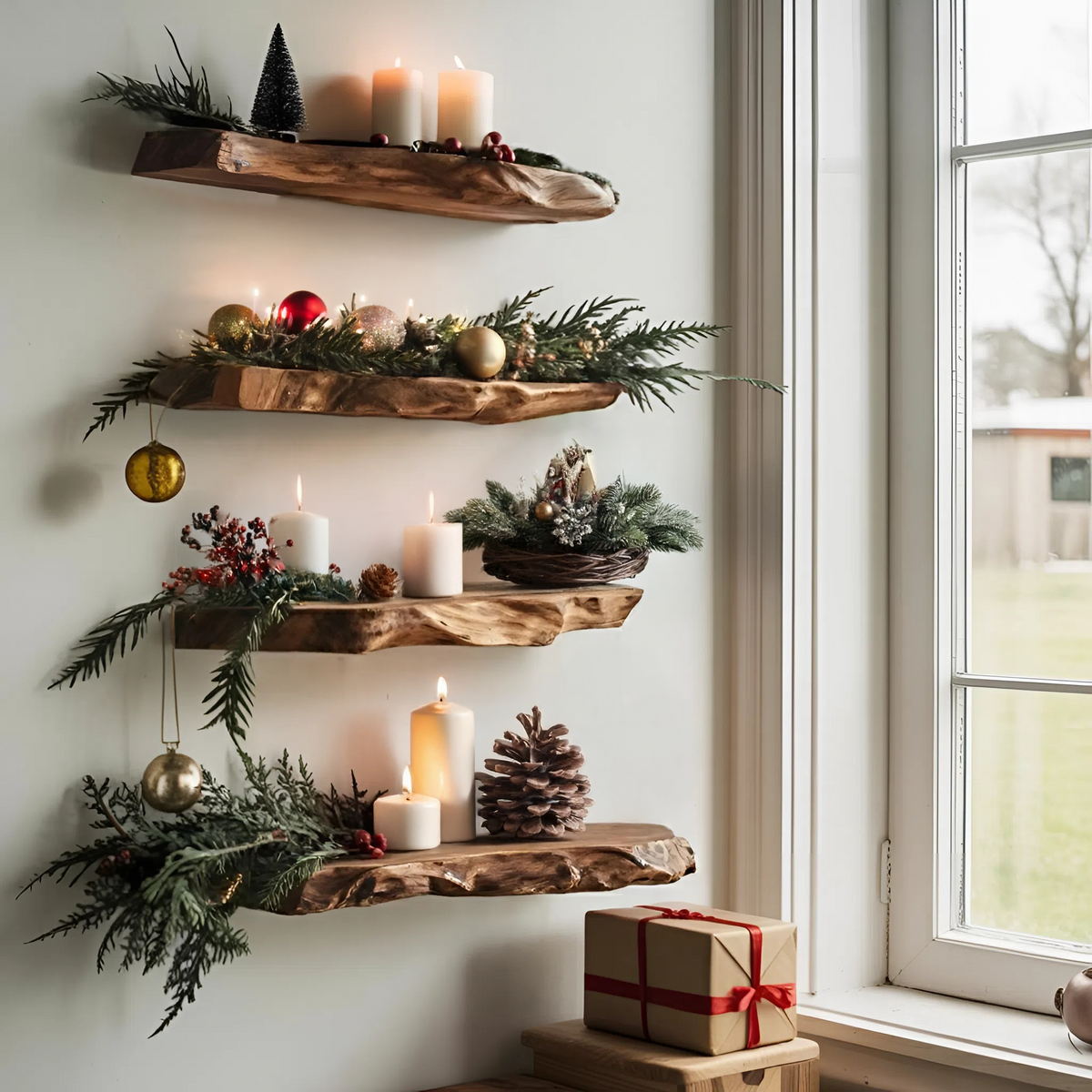 Handcrafted Solid Wood Floating Shelf For Cozy Christmas Living Room