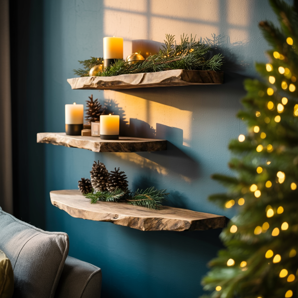 Mid Century Wooden Floating Shelf For Living Room Christmas Decor