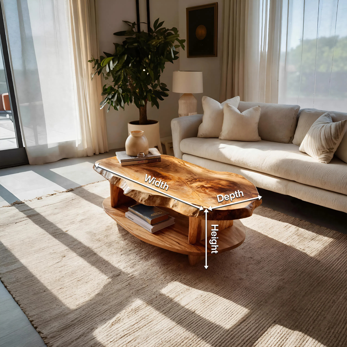 Rustic Coffee Table Live Edge And Shelf For Living