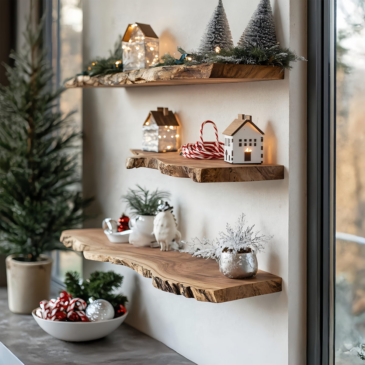 Mid Century Wooden Floating Shelf For Christmas Living Room Decor
