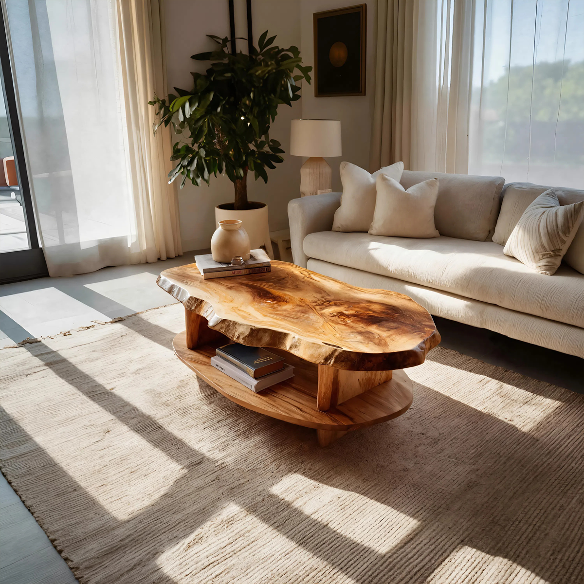 Rustic Coffee Table Live Edge And Shelf For Living