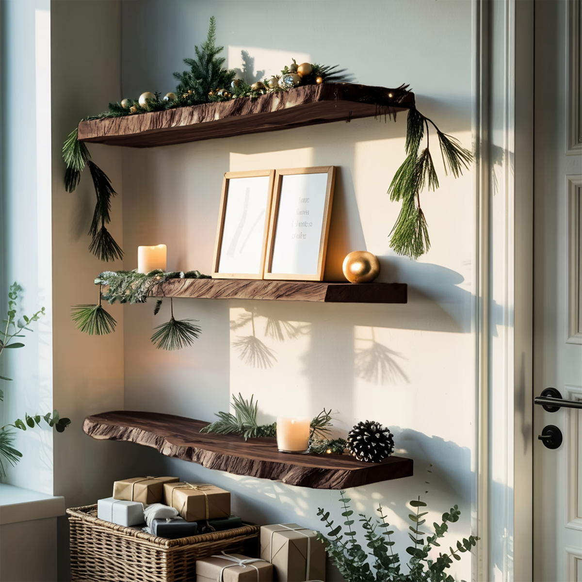 Handcrafted Live Edge Floating Shelf For Festive Xmas Entryway Design