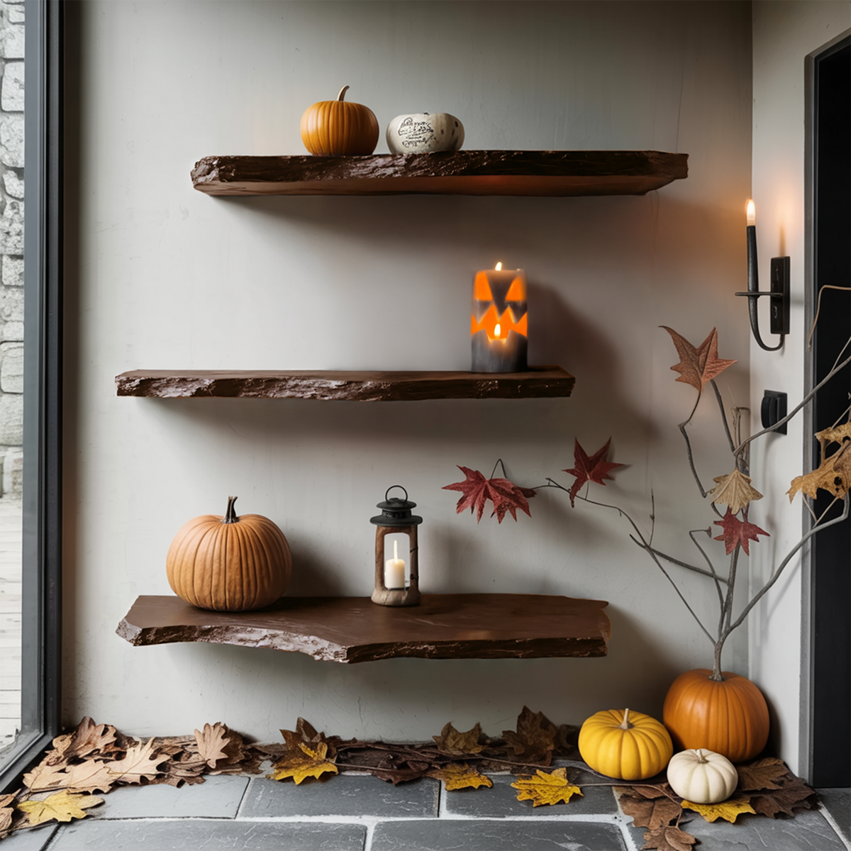 Farmhouse Wooden Floating Shelf For Entryway Design With Halloween Storage