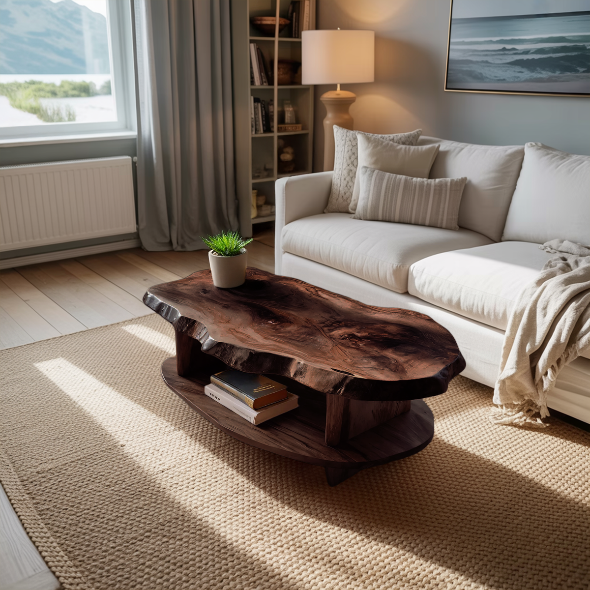 Rustic Coffee Table Live Edge And Shelf For Living