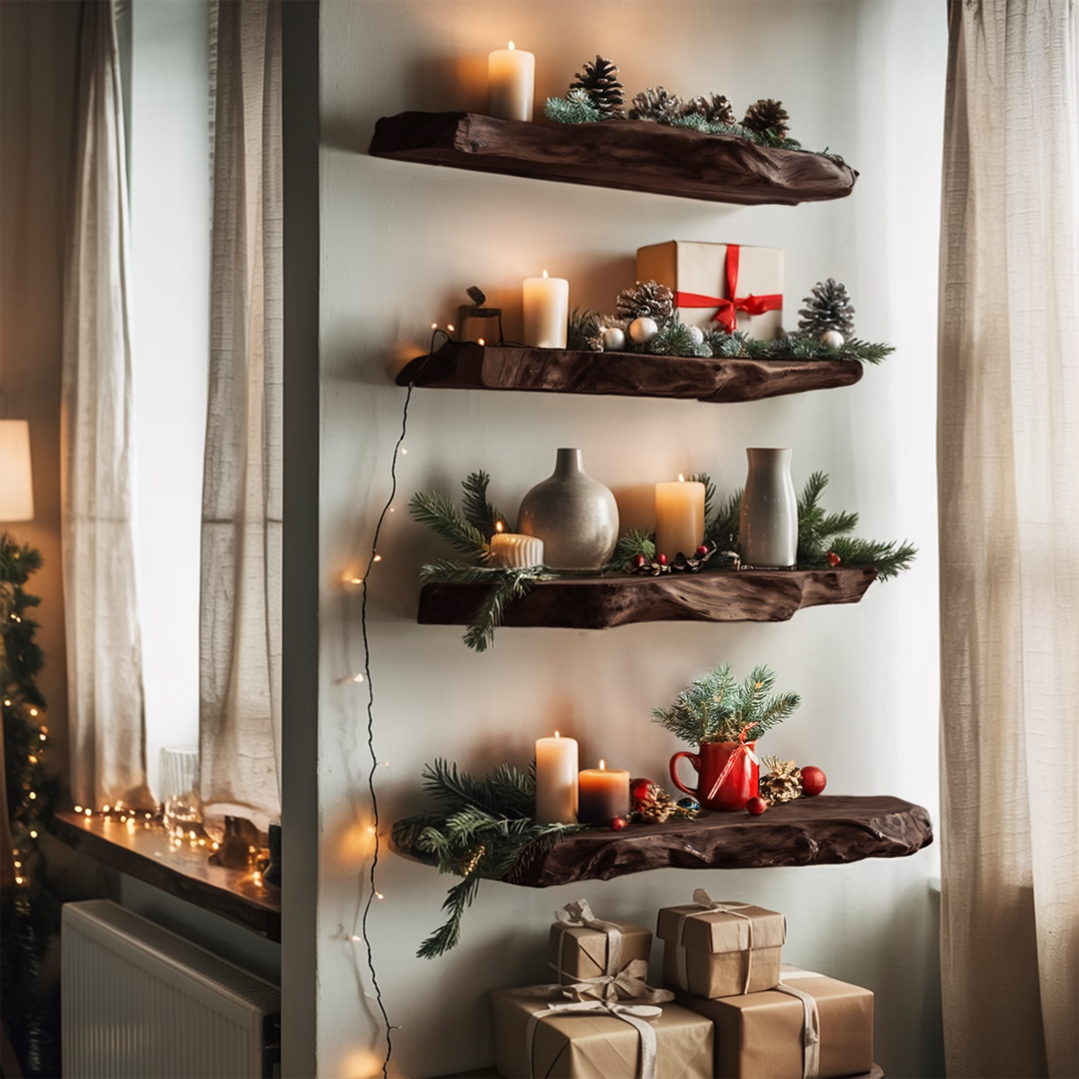 Handcrafted Solid Wood Floating Shelf For Cozy Christmas Living Room