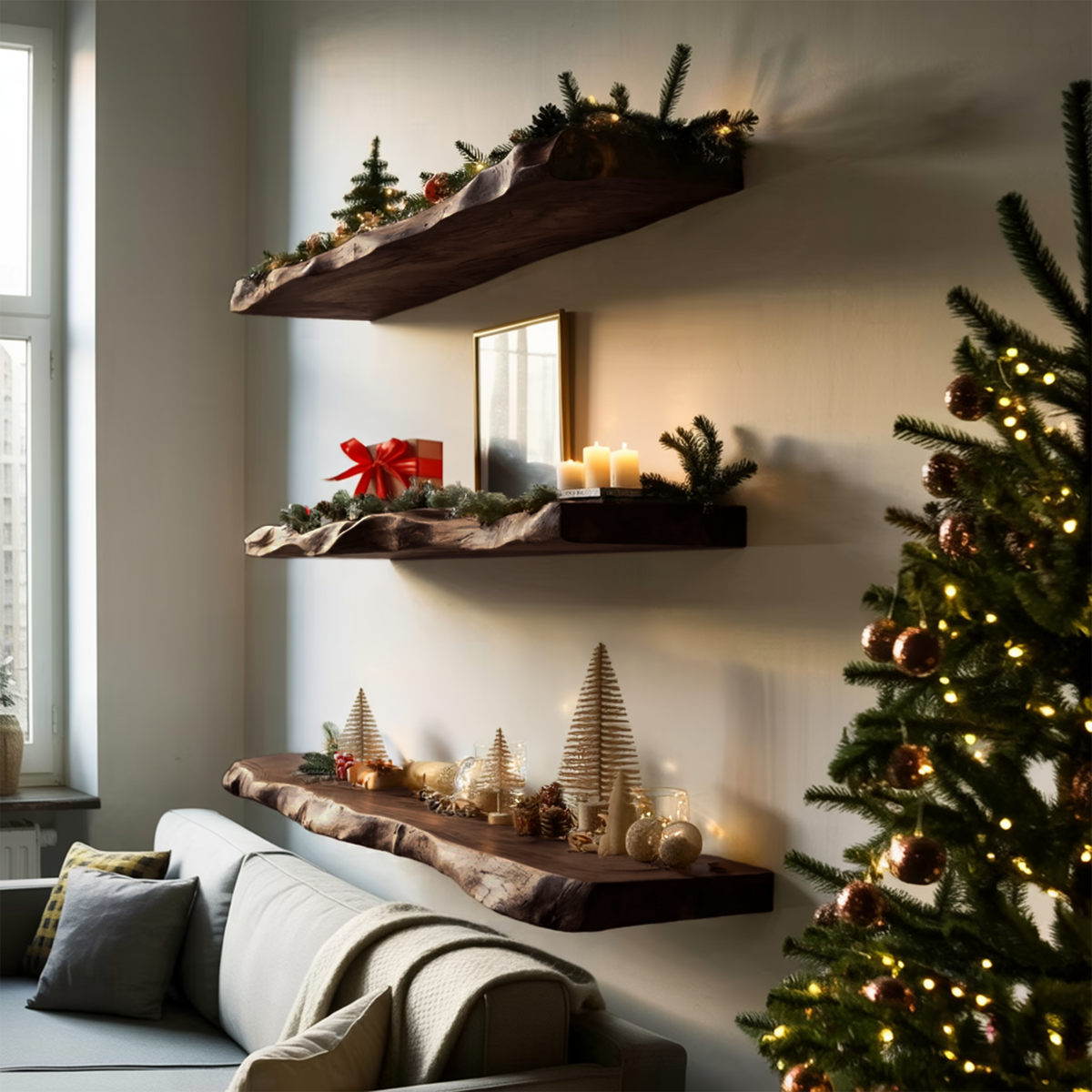 Mid Century Live Edge Floating Shelf For Holiday Bedroom Decoration