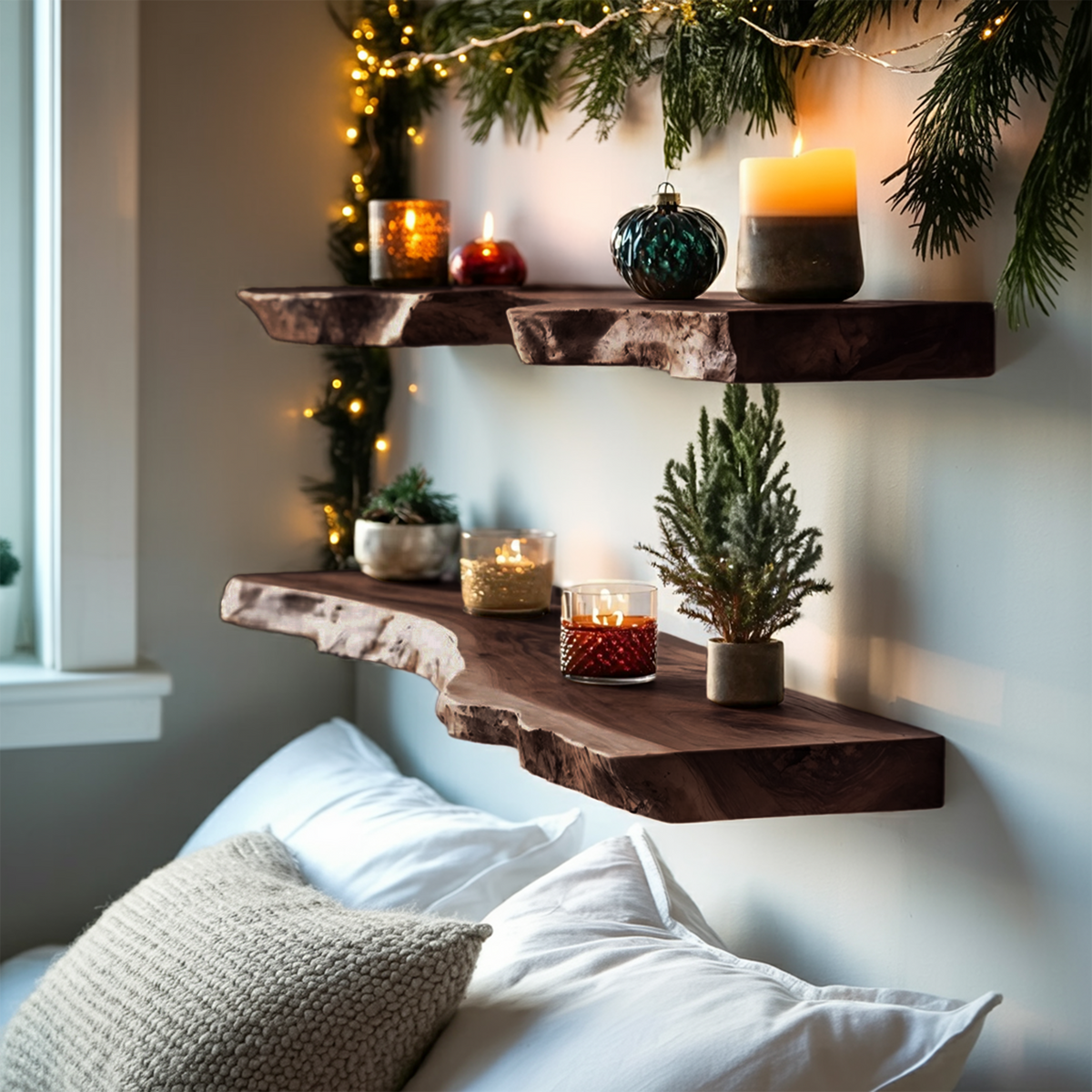 Mid Century Wooden Floating Shelf For Cozy Christmas Bedroom Setup